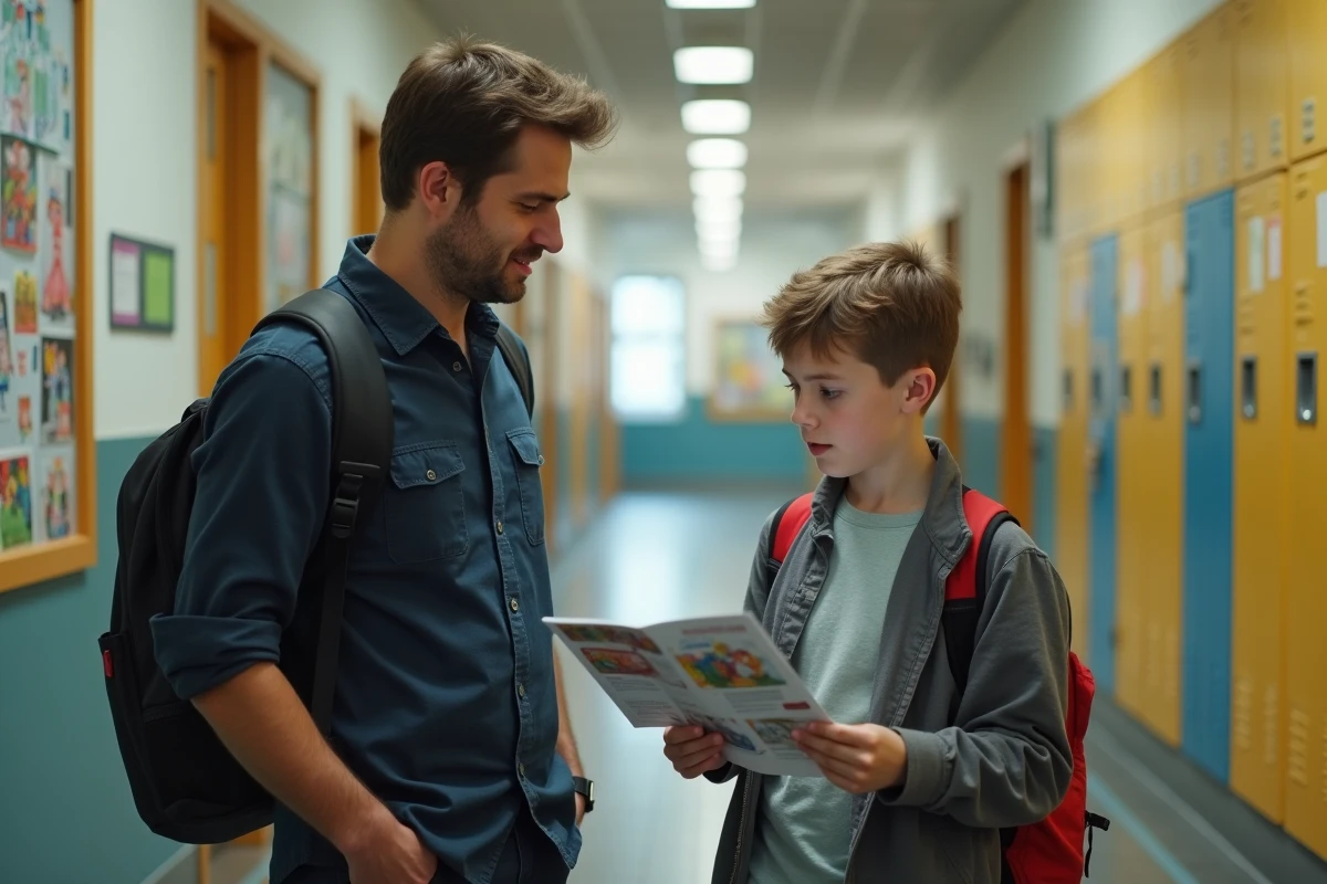 Père et fils adolescent consultant une brochure scolaire dans un couloir de collège, pour estimer le coût d'une scolarité Montessori
