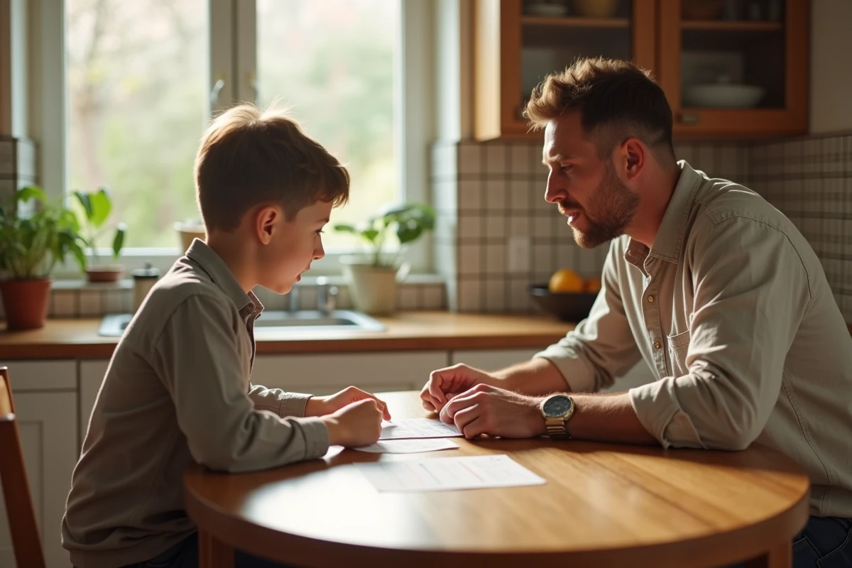 Un père et son fils utilisent un tableau de comportement positif à la table de la cuisine