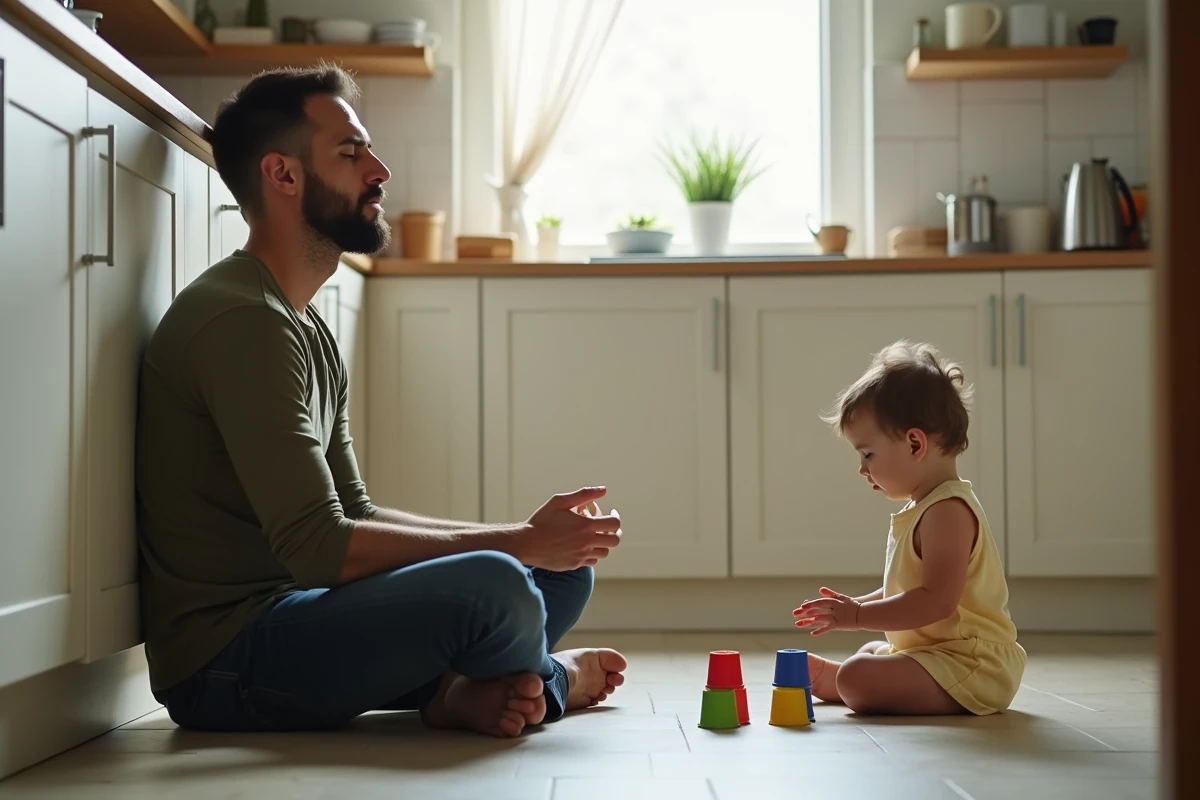 Père assis sur le sol de la cuisine reprenant son calme pendant que son tout-petit joue à côté de lui