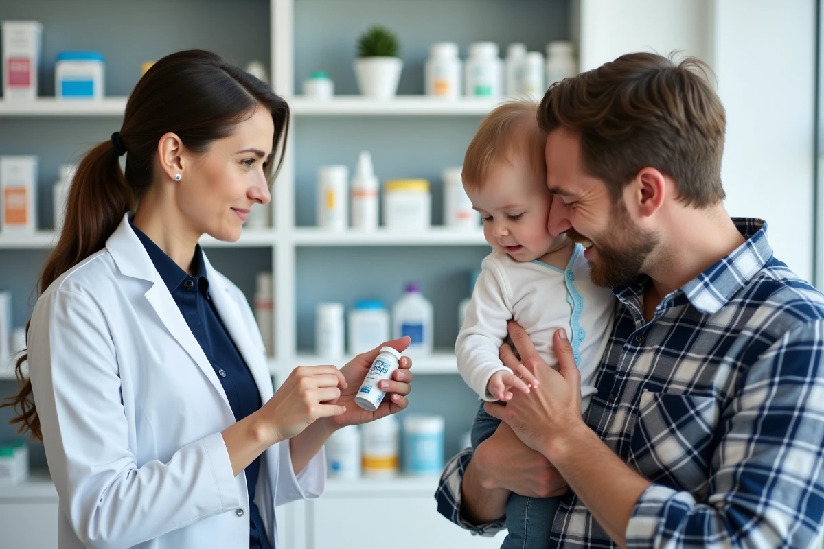 Pharmacienne conseillant un père sur les remèdes pour calmer les douleurs de dentition du bébé