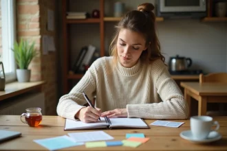 Femme planifiant un programme d'anniversaire à une table en bois avec un carnet, des notes colorées et des invitations