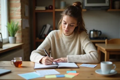 Femme planifiant un programme d'anniversaire à une table en bois avec un carnet, des notes colorées et des invitations