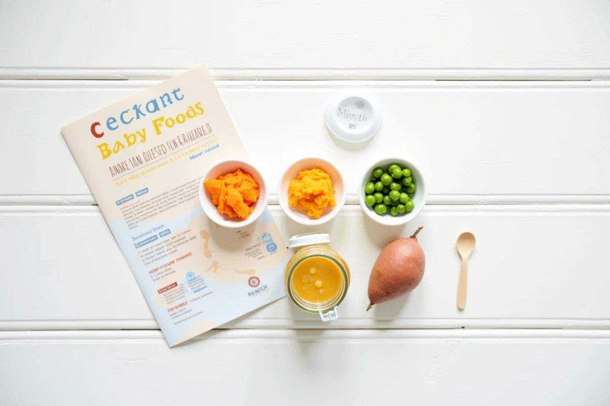 Vue en plongée des premiers aliments pour la diversification alimentaire d'un nourrisson selon les recommandations de l'OMS