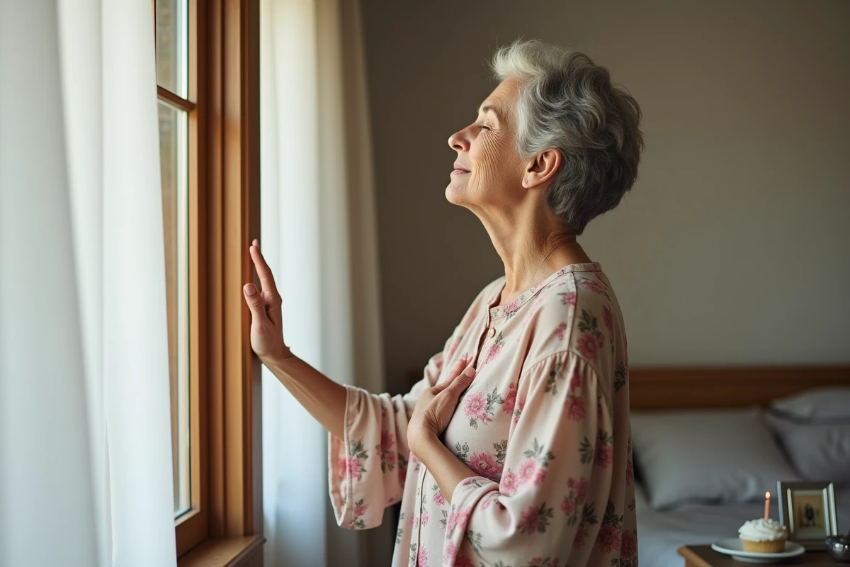 Femme âgée en prière d'anniversaire dans sa chambre, main sur le cœur près d'une fenêtre lumineuse