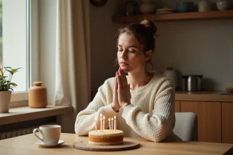 Femme en prière silencieuse devant un gâteau d'anniversaire à la maison, mains jointes et yeux fermés