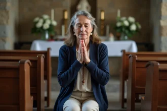Femme d'âge mûr en prière mariale agenouillée dans une chapelle avec un chapelet en bois