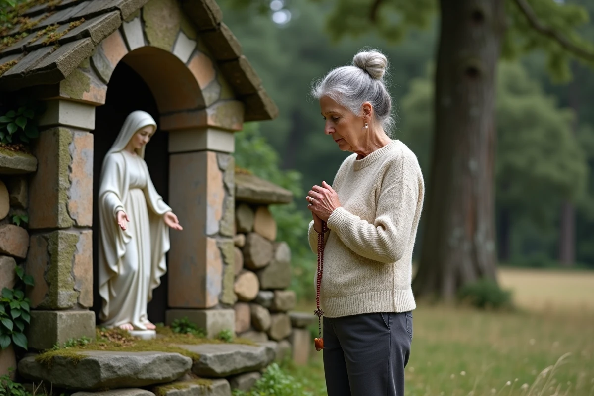 Femme âgée priant devant une grotte mariale en pierre dans la campagne française avec un chapelet