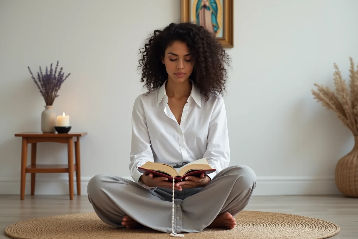 Jeune femme priant avec un livre de prière mariale et un rosaire dans un intérieur minimaliste