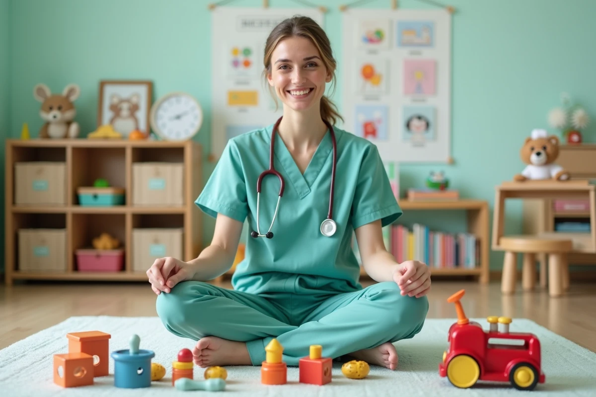 Puéricultrice diplômée en tenue professionnelle dans une salle de jeux de crèche illustrant les métiers qualifiés et bien rémunérés de la petite enfance