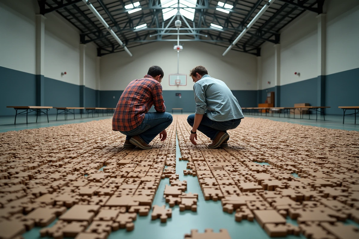 Deux hommes travaillant sur un immense puzzle couvrant le sol d'un gymnase avec des milliers de pièces