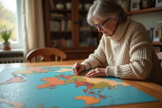 Femme assemblant un puzzle géant de plusieurs milliers de pièces sur une grande table en bois