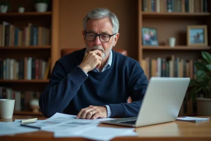 Homme lisant des articles imprimés sur l'origine familiale de personnalités publiques, assis dans un bureau à domicile entouré de livres et de documents
