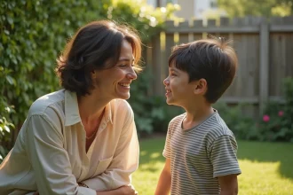 Mère accroupie au niveau de son enfant dans un jardin, souriant avec tendresse lors d'un moment de complicité parent-enfant