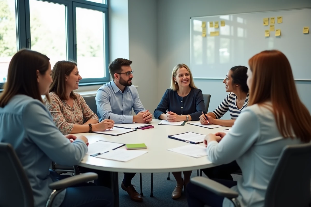 Groupe de parents et membres du personnel scolaire lors d'une réunion de concertation dans une salle de conférence moderne
