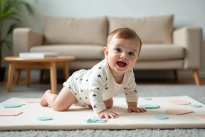 Bébé de 1 an qui rampe sur un tapis de jeu en mousse dans un salon sécurisé avec des meubles aux coins protégés