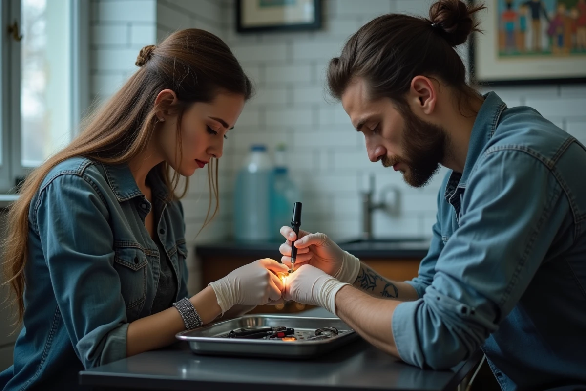 Tatoueur appliquant un tatouage fin sur le poignet d'une jeune femme soutenue par son frère dans un studio de tatouage moderne
