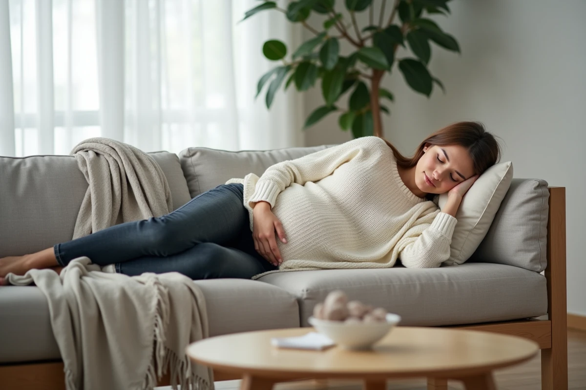Femme enceinte en train de faire une sieste sur un canapé dans un appartement au style scandinave épuré
