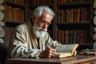 Vieil homme étudiant la Bible ouverte dans une salle de lecture ancienne, explorant la signification du chiffre 16 dans les Écritures