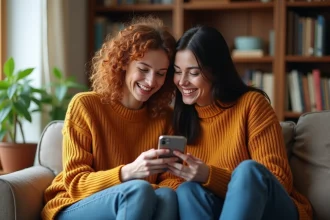 Deux sœurs adultes riant ensemble en regardant un smartphone dans un salon chaleureux et cosy