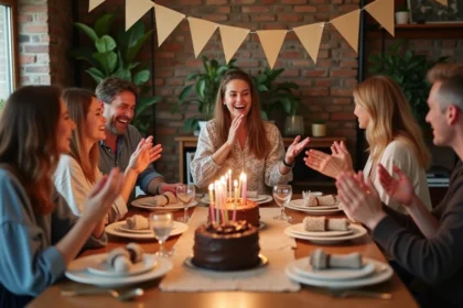 Groupe d'amis adultes réunis autour d'une table d'anniversaire surprise avec gâteau et décorations dans un salon rustique chaleureux