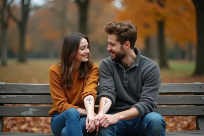 Frère et sœur assis côte à côte révélant leurs tatouages assortis de branches entrelacées sur les avant-bras dans un parc automnal