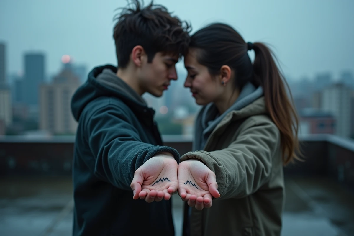 Frère et sœur face à face sur un toit urbain sous un ciel de crépuscule montrant leurs tatouages assortis de montagnes sur les poignets