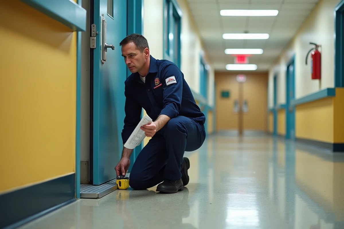 Technicien en sécurité inspectant une porte anti pince doigt équipée d'un protège-doigts dans un couloir scolaire