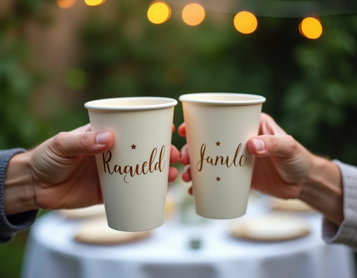 Deux mains adultes tenant des gobelets d'anniversaire personnalisés lors d'un toast dans un jardin festif
