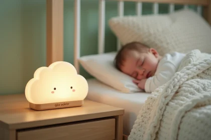 Veilleuse personnalisée en forme de nuage posée sur une table de nuit en bois dans une chambre de bébé aux murs vert sauge