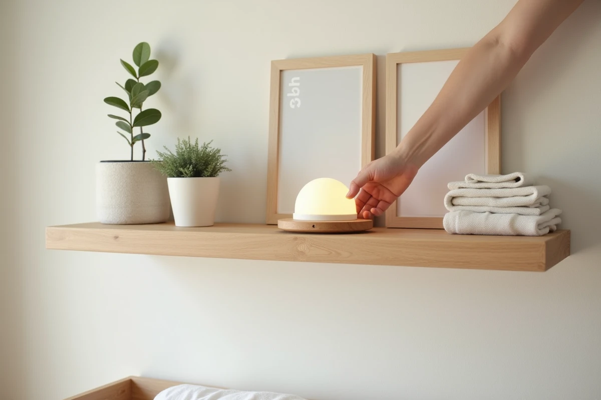 Parent installant une veilleuse personnalisée sur une étagère de chambre de bébé décorée avec des accessoires naturels et doux
