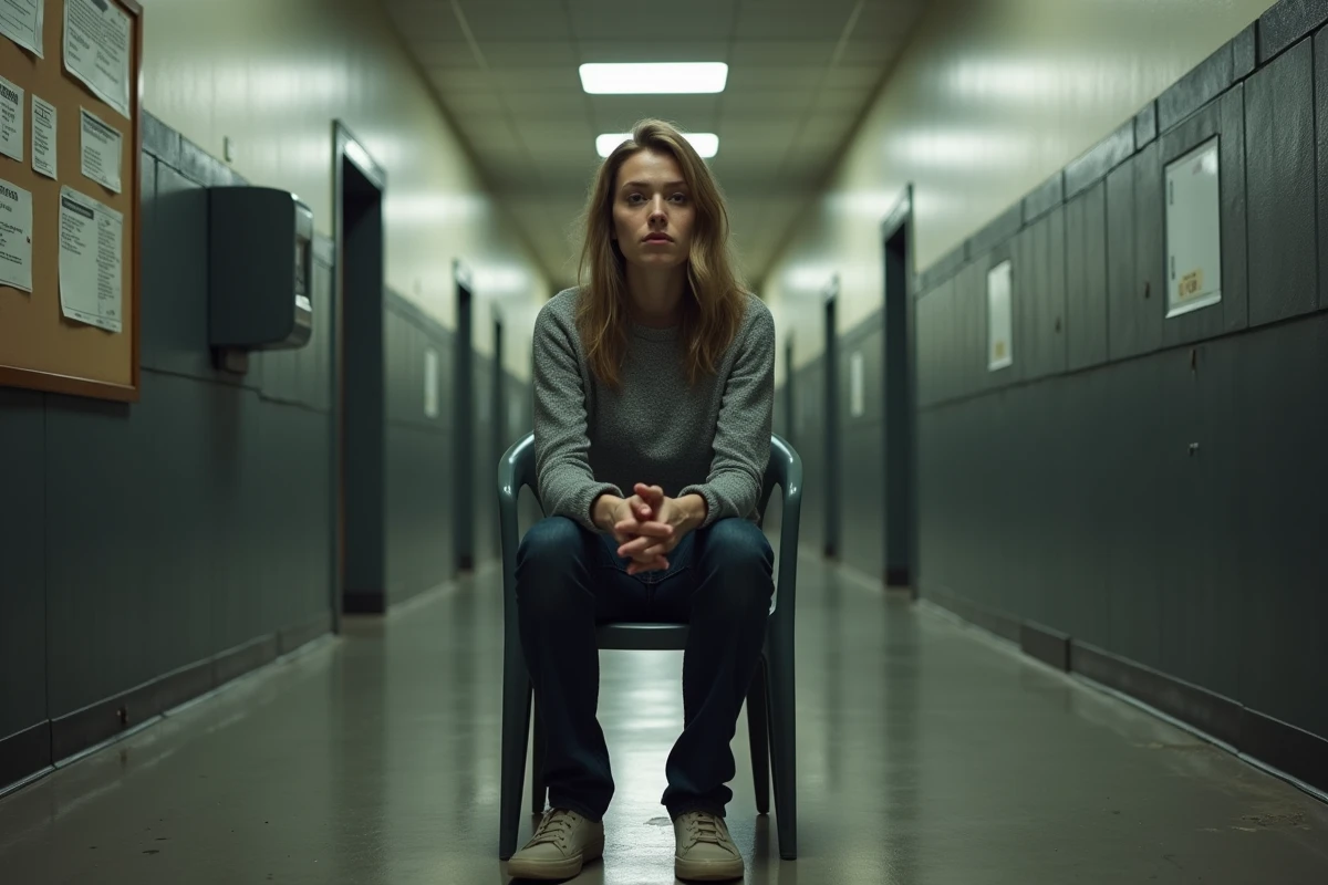 Femme attendant dans la salle d'attente d'un établissement pénitentiaire avant une visite au parloir