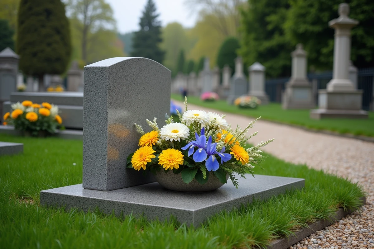 Vue large d'une tombe en pleine terre décorée de fleurs colorées incluant des soucis jaunes, dahlias blancs et iris bleus dans un cimetière municipal français